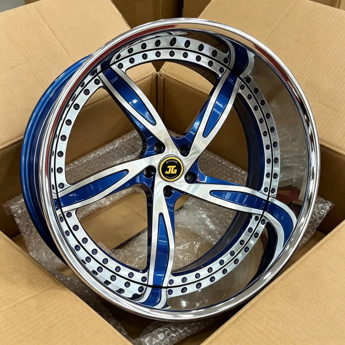 JG 2 Piece Blue Machined Silver 5 Spoke Forged Alloy Wheels Rivet Rims 17-22 Inch  5x112 5x120 for BMW Audi Mercedes Tesla forged wheel