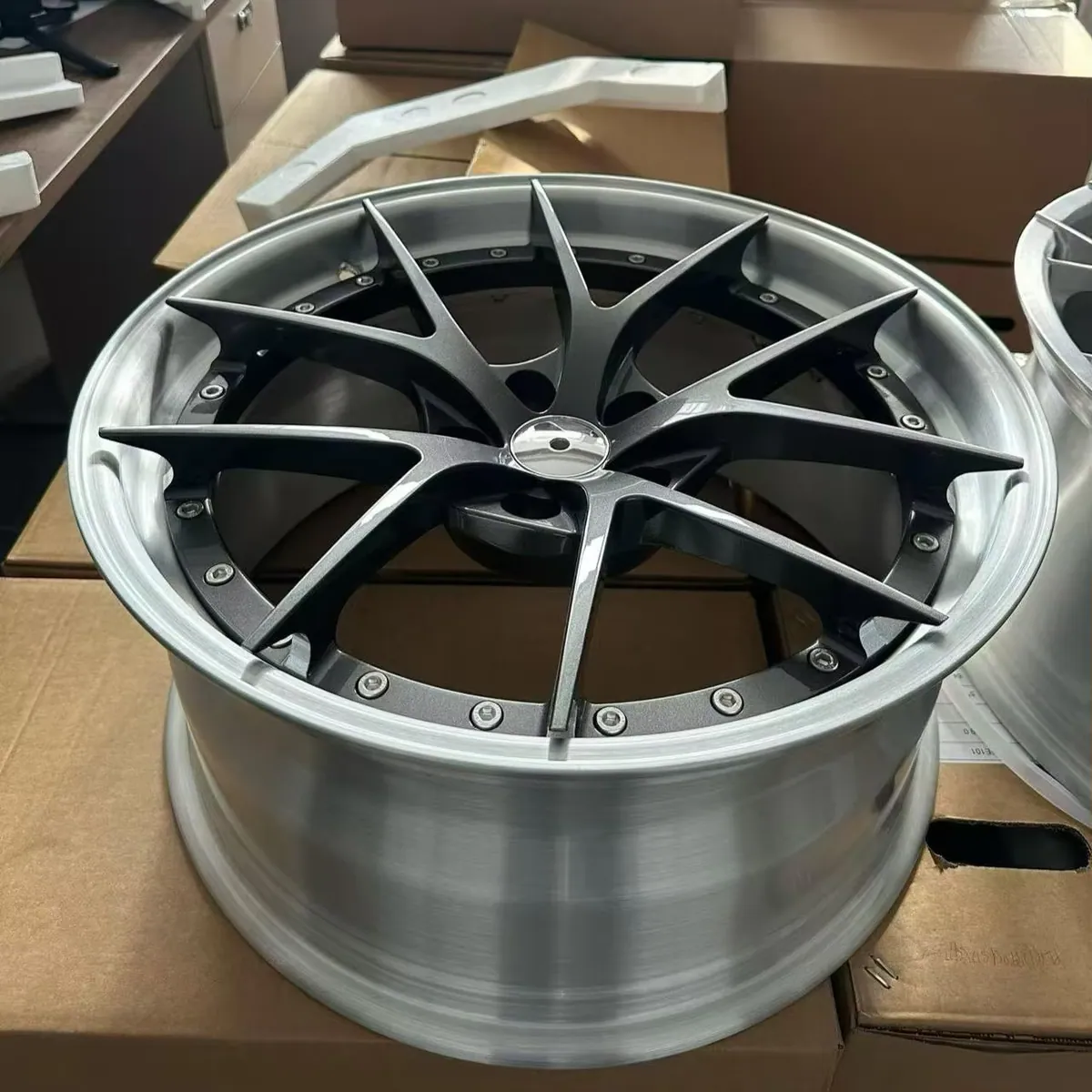 JG 2 Piece Split Forged Wheels Gloss Black 5 Spoke Silver Outer Lip Riveted Alloy Rims 5x100 5x112 5x114.3 for Passenger Cars forged wheel