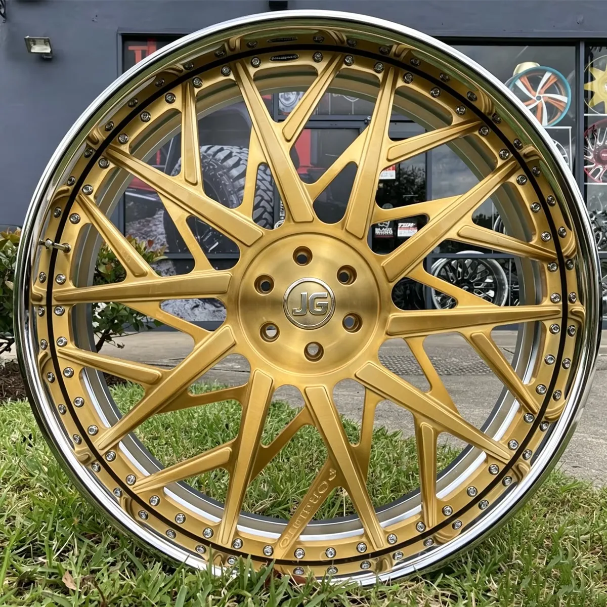 JG Two Piece Brushed Gold Forged Wheels Multi Y Spoke Rivet Alloy Rims 17-22 Inch 5x112 5x120 for BMW Audi Mercedes Tesla Honda forged wheel