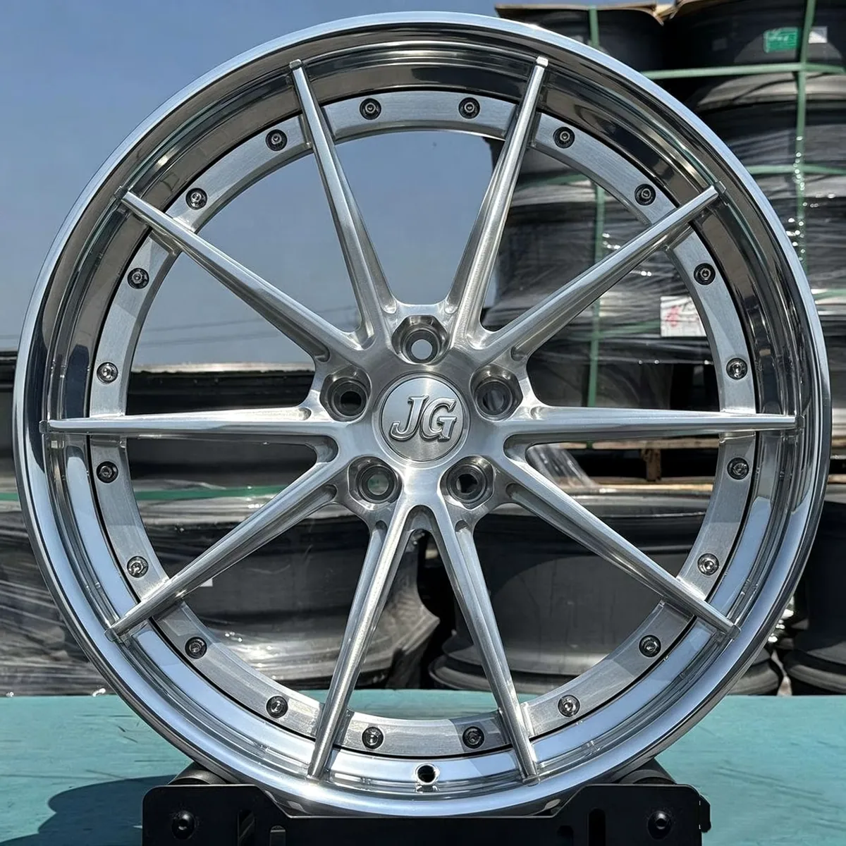 JG Two piece Silver Forged Alloy Wheels Multi Thin Spoke Rivet Design 17-22 Inch 5x112 5x120 Rims for BMW Audi Mercedes Tesla forged wheel