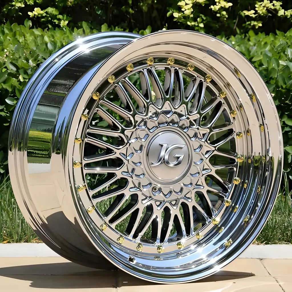 New JG 17-22 Inch 1-Piece Chrome Forged Aluminium Alloy Wheels Retro Mesh Design Gold Rivets High Polished High Performance forged wheel